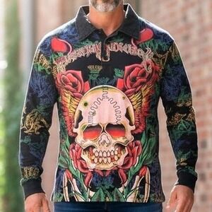 VTG Christian Audigier Ed Hardy Mens XXL Long Sleeve Shirt Skull Graphic Y2K